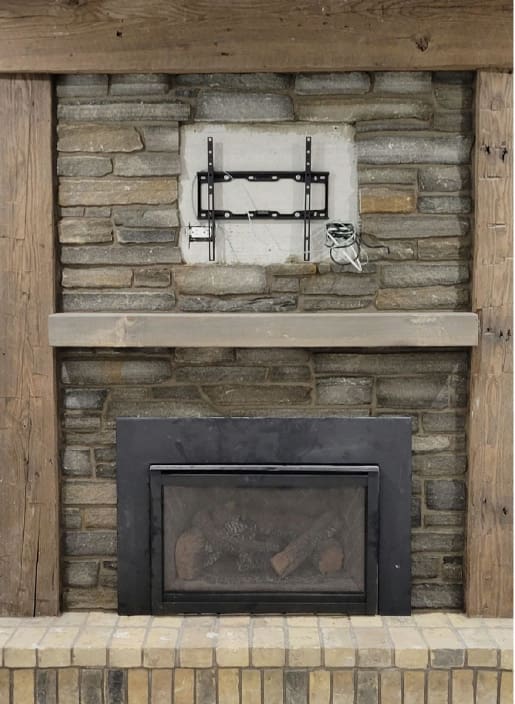 white stone tile veneer fireplace